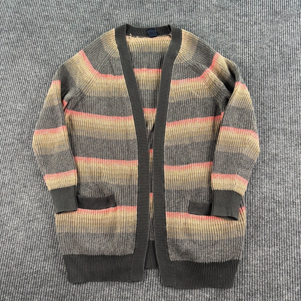 GAP Cardigan Sweater Women Large Gray Pink Stripe Open Front Cozy Boho